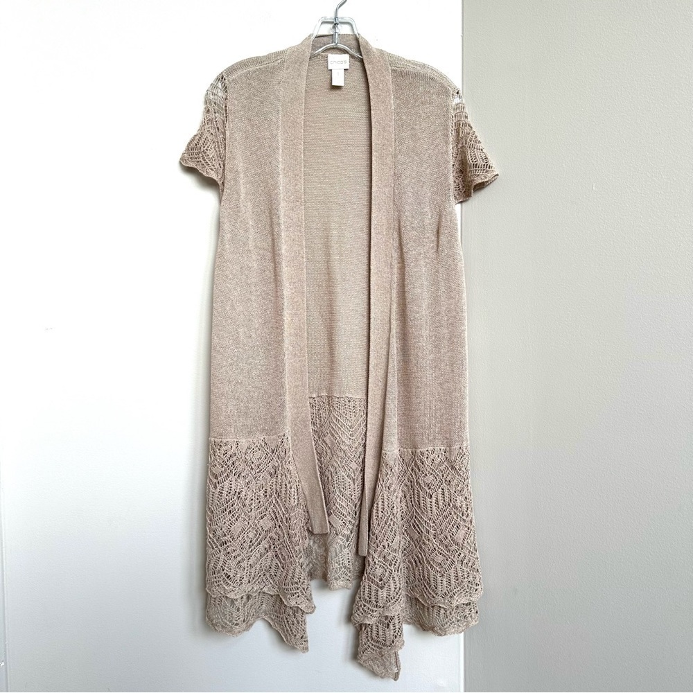 Chico’s Linen Blend Crochet Lace Long Line Cardigan Tan Cap Sleeve FLAW